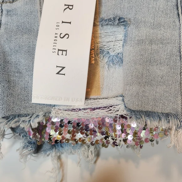 NEW Risen Kayden Distressed Denim Cut Off Shorts Pink Sequin Pockets Size Small - Picture 4 of 8